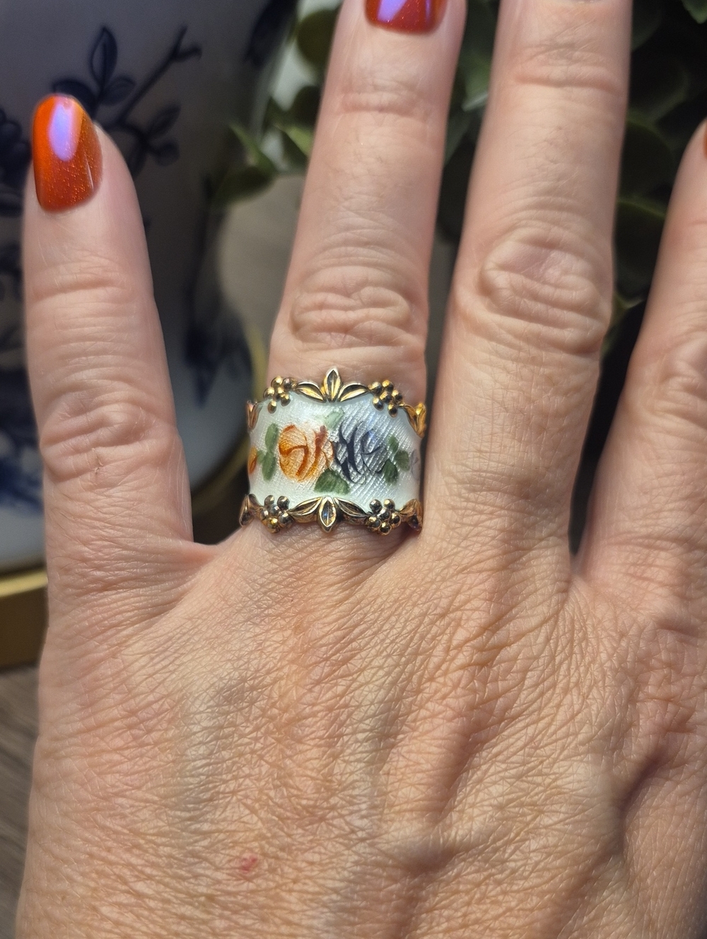 Sterling Vargas Vermeil Guilloche Flower Roses Band Ring
